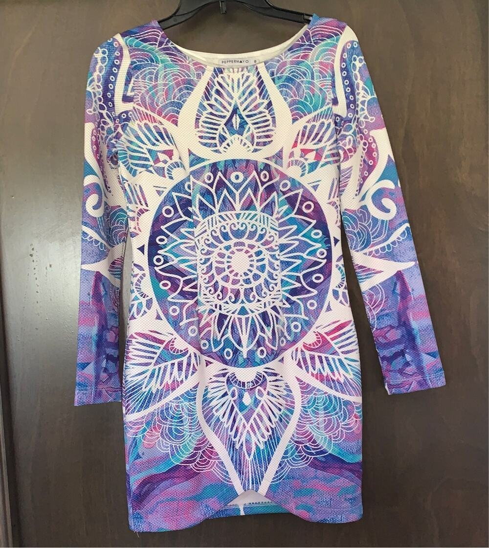 Peppermayo peacock purple bodycon dress womens size 8